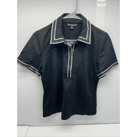 Boston Proper Black Polo Type Fitted White Stripes Women SZ M NWOT Extra Buttons - Picture 1 of 6